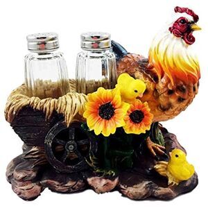 Ebros Gift Farm Hay Wagon Sunflower Rooster & Chicks Salt Pepper Shaker Holder